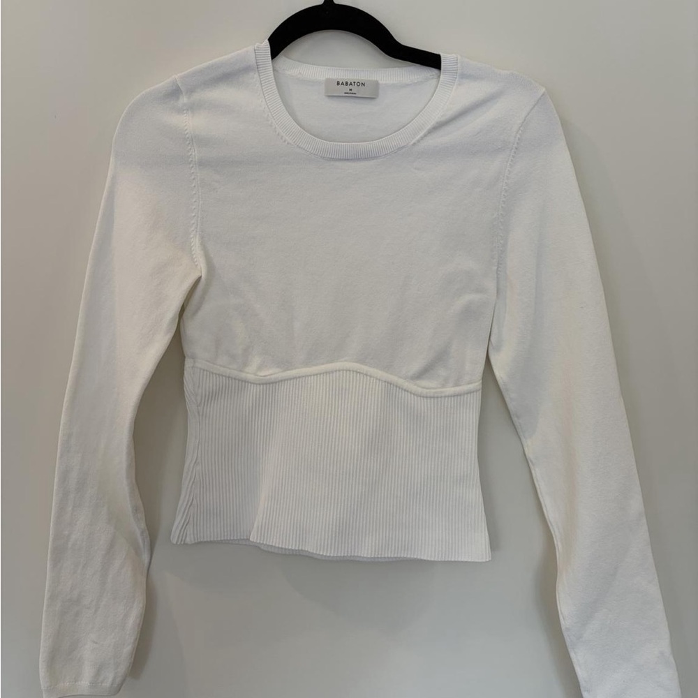 Babaton White Ribbed-Peplum Long Sleeve Top